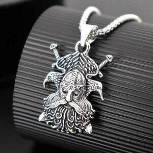Viking Odin Raven Pendant Necklace Warrior Mythology Battle Norse Shield Runes
